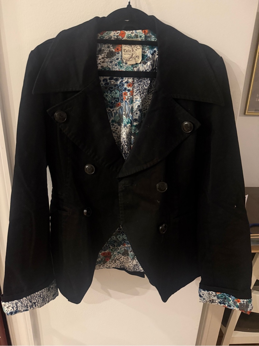 Tulle Black Double-Breasted Pea Coat with Floral Lining